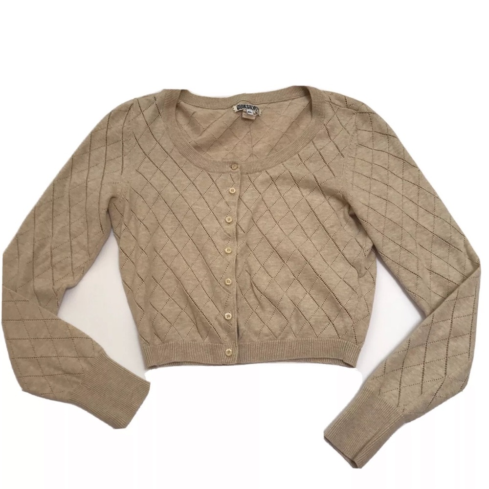 Y2K Quiksilver Cardigan Sweater Small Beige Open Knit Ribbon Coastal Cowgirl